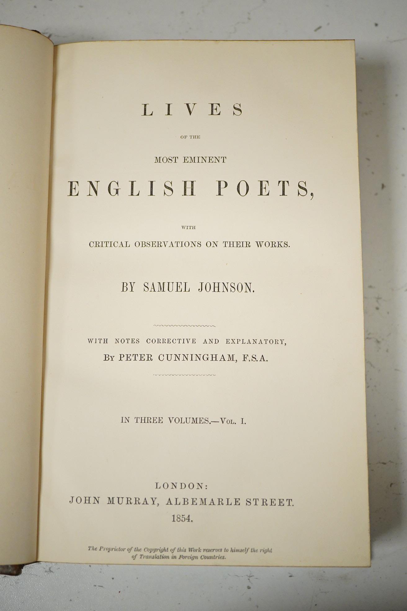 Johnson, Samuel - Lives of the Most Eminent English Poets, with critical observations on their works. With notes corrective and explanatory, by Peter Cunningham. 3 vols. earlier 20th cent. gilt ruled calf, gilt decorated